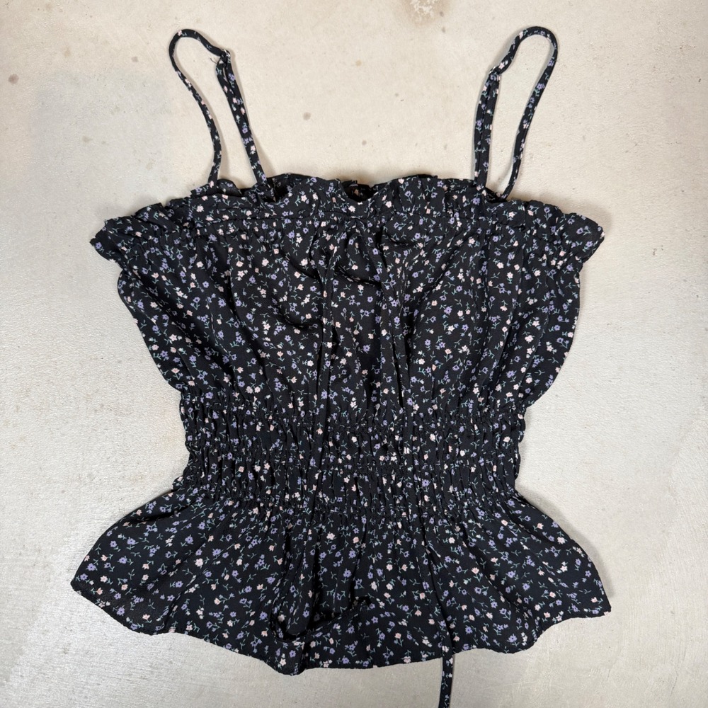Love Tree Womens Small Black Floral Smocked Peplum Cami Top Ruffle 10138TY